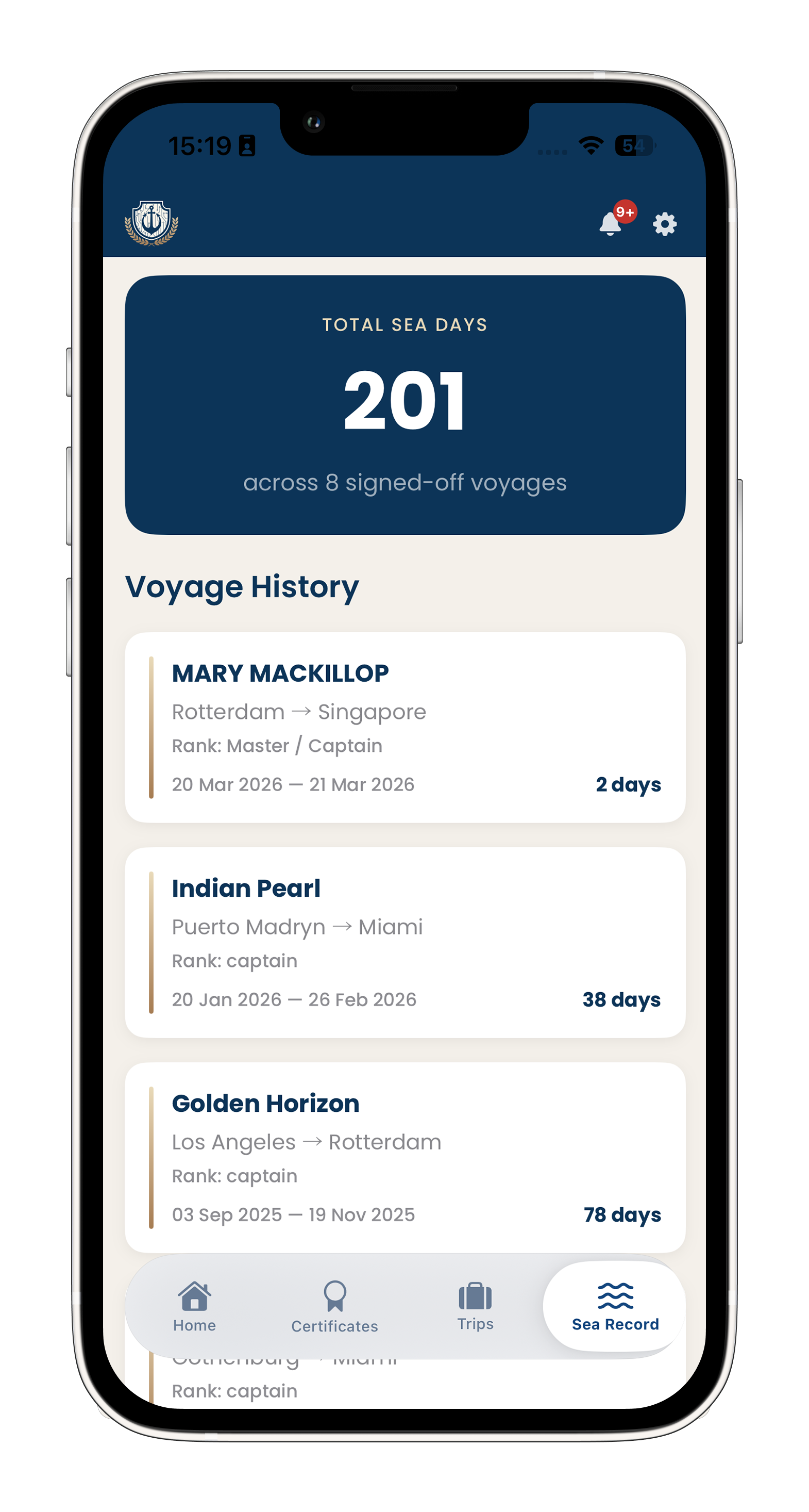 Digital Seafarer Record Book screen